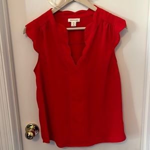 Red V-Neck blouse with scallop neckline and sleeves